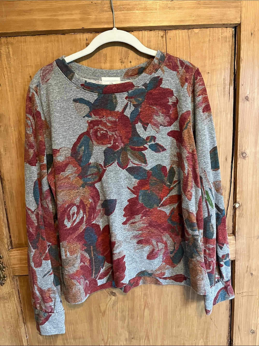 T.La Anthropologie Gray Floral Crewneck Pullover with Red, Orange & Teal Accents